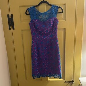 Lilly Pulitzer 00 Elegant Royal Blue and magenta Pink floral overlay lace Dress